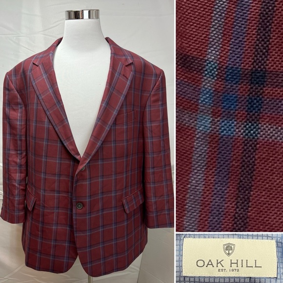 Oak Hill 3XL Men's 56R Red Windowpane Plaid Blue Gray Blazer Jacket Sport Coat - Picture 2 of 7